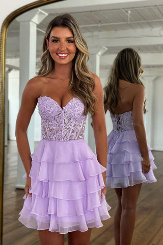 Cute A Line Sweetheart Lavender Chiffon Tiered Short Homecoming Dresses AB25062101