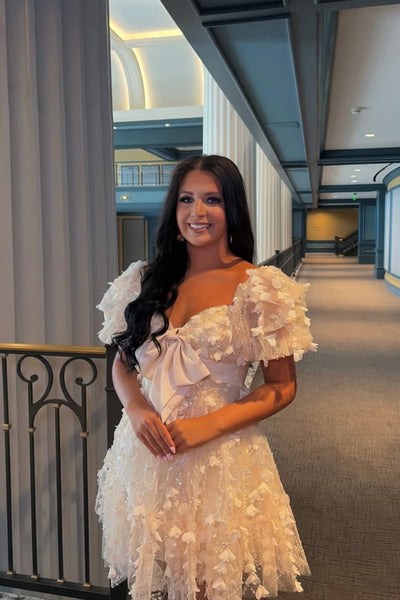 A Line Sweetheart White Lace Short Homecoming Dress AB26062405