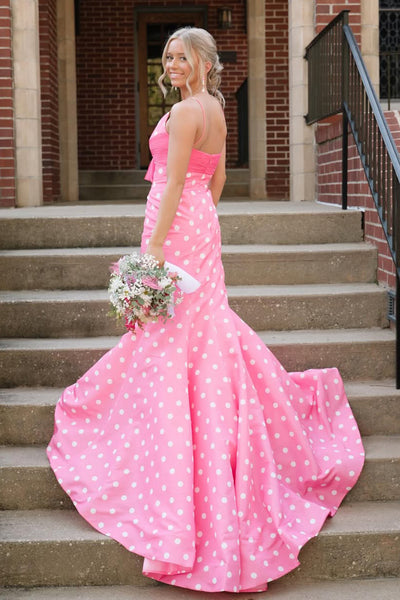 Cute Mermaid V Neck Pink White Dot Satin Prom Dress with Bow AB26032607
