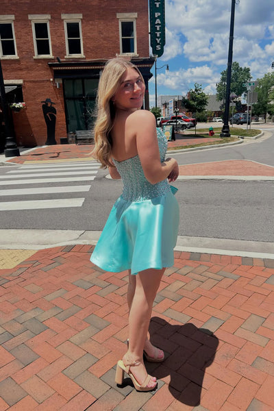 A Line Scoop Neck Mint Satin Homecoming Dress with Beading AB26062802