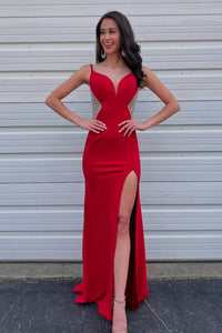 Charming Mermaid V Neck Red Satin Slit Prom Dress with Beading AB05052903