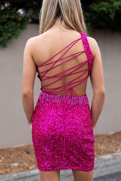 Cute Bodycon One Shoulder Fuchsia Sequins Short Homecoming Dresses with Beading AB092407