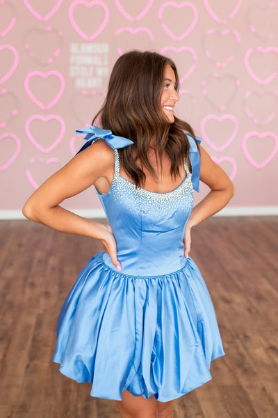 Cute A Line Square Neck Light Blue Homecoming Dress with Beading AB25092504