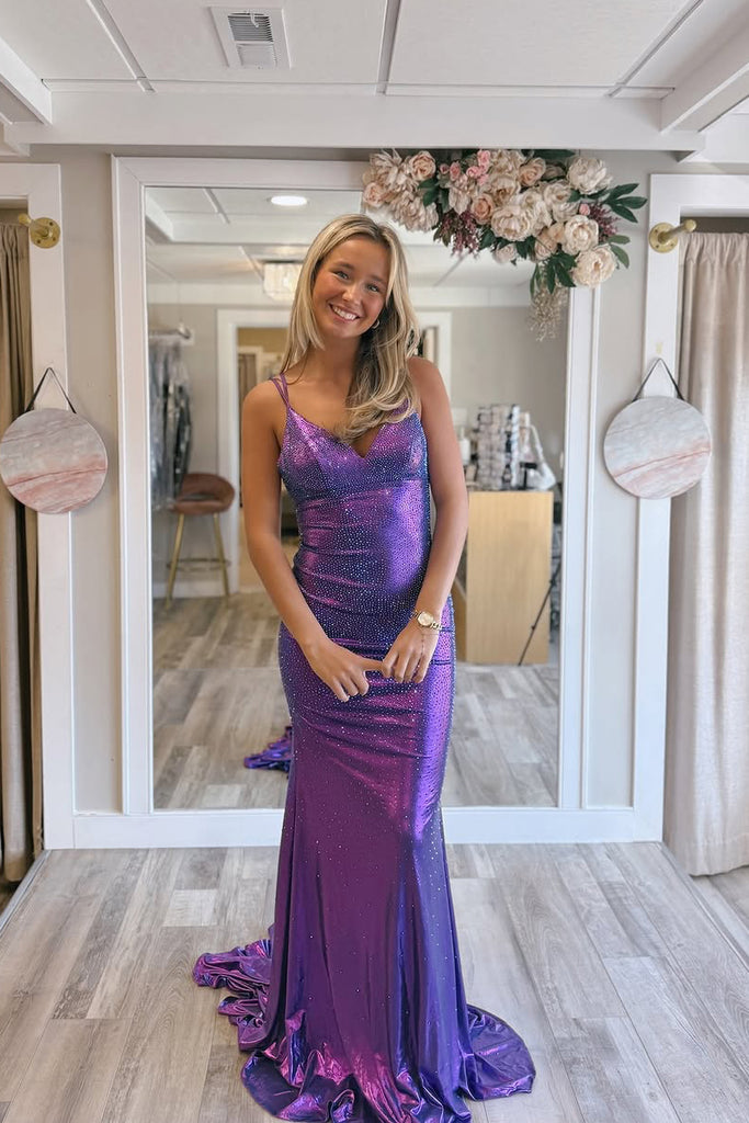 Sparkly Mermaid V Neck Purple Metallic Satin Prom Dress with Hot Stone Anniebride Sparkly Mermaid V Neck Purple Metallic Satin Prom Dress with Hot Stone Anniebride
