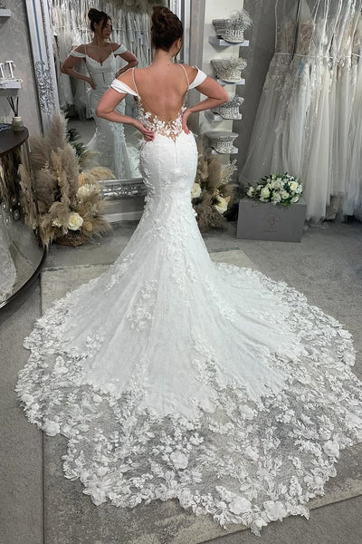 Chraming Mermaid Cold Shoulder Satin Wedding dress with Appliques AB25032105