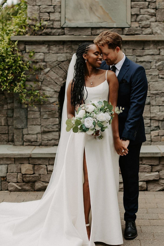 Fashion A Line Scoop Neck Satin Wedding Dresses with Slit AB100902 Anniebride Fashion A Line Scoop Neck Satin Wedding Dresses with Slit AB100902 Anniebride
