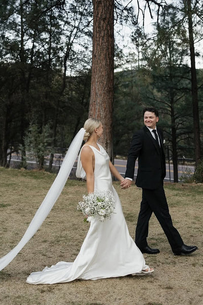 Fashion Mermaid Cowl Neck Silk Satin Wedding Dress with Train AB25050707