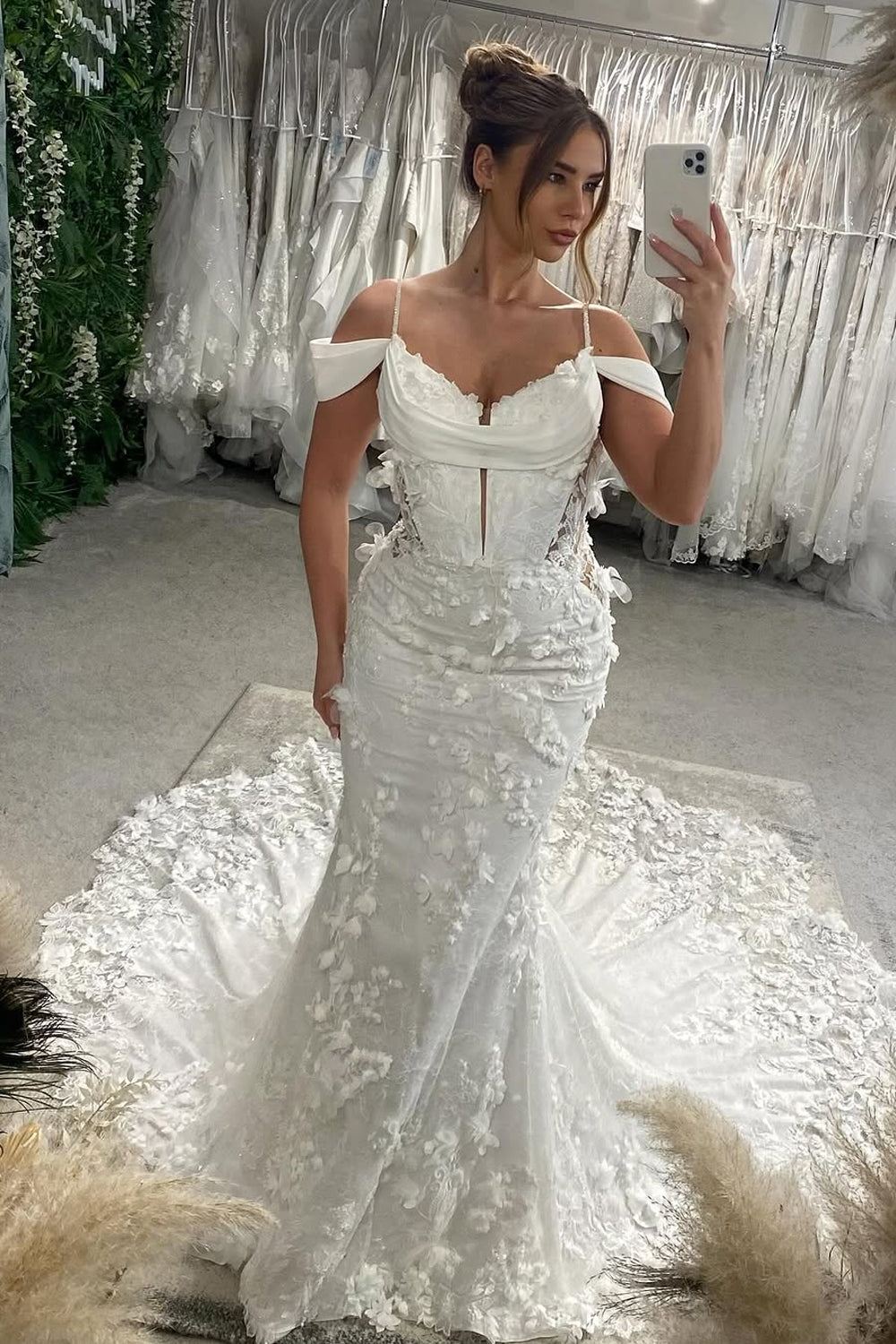 Chraming Mermaid Cold Shoulder Satin Wedding dress with Appliques AB25032105