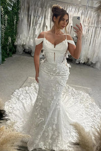 Chraming Mermaid Cold Shoulder Satin Wedding dress with Appliques AB25032105