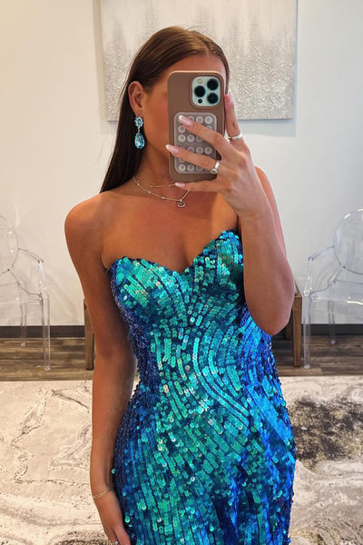 Mermaid Sweetheart Blue Sequins Long Prom Dress with Slit AB4050404