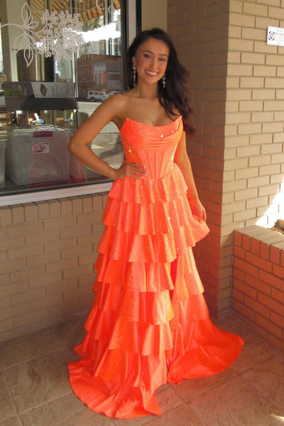 Stunning A Line Scoop Neck Orange Hot Fix Satin Tiered Prom Dress with Slit AB26030508