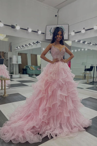 Gorgeous Ball Gown V Neck Light Pink Tulle Prom Dress with Beading AB26041703