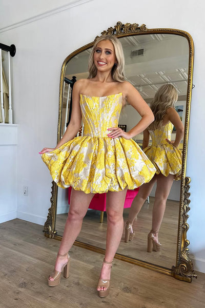 Cute A Line Scoop Neck Yellow Jacquard Satin Homecoming Dress AB25073101
