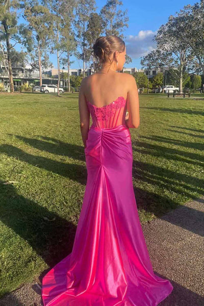 Charming Mermaid Strapless Pink Satin Slit Prom Dress with Appliques AB26102910