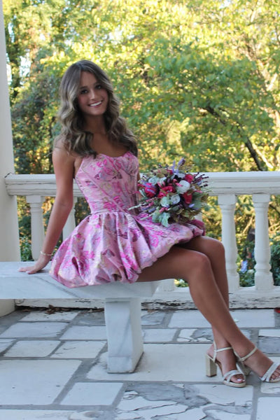 Cute A Line Strapless Pink Jacquard Satin Short Homecoming Dress AB25100804