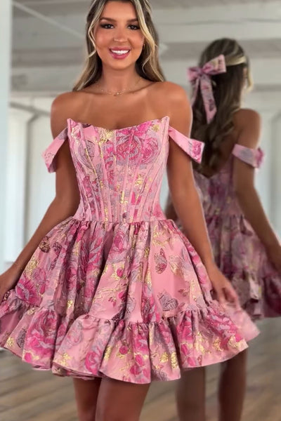 A Line Off the Shoulder Pink Jacquard Satin Short Homecoming Dress AB26060901