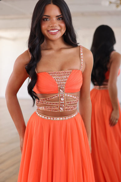 Charming A Line Straps Orange Chiffon Prom Dress with Beading AB26102804