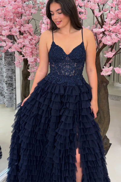 Stunning A Line V Neck Navy Tiered Tulle Prom Dress AB26070716