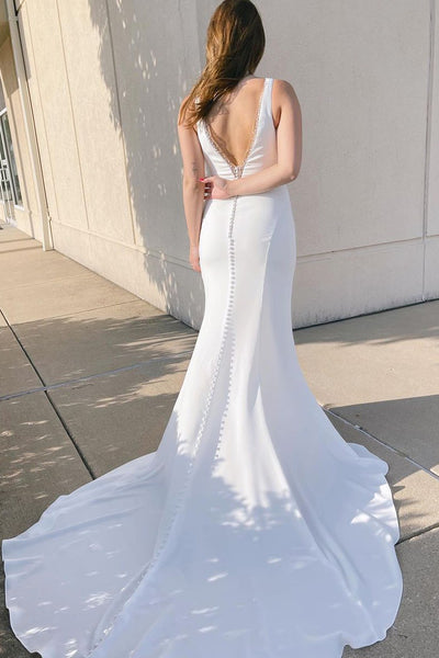 Charming Mermaid V Neck Elastic Satin Long Wedding Dresses with Beading ABWD061820
