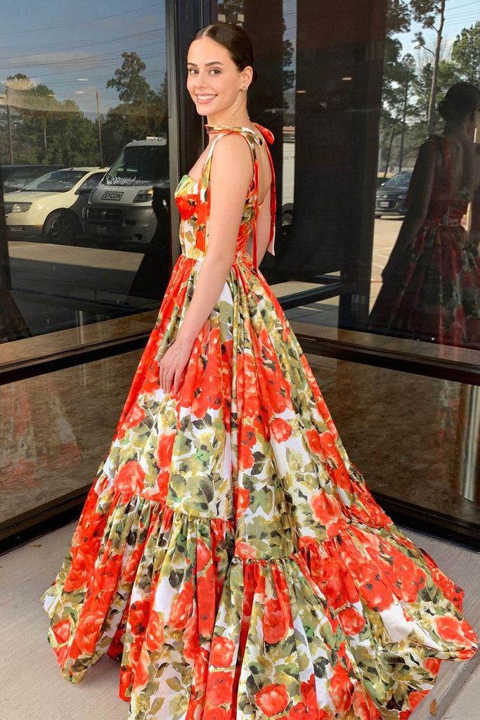 Gorgeous A-Line Floral Printed Satin Sweetheart Long Prom Dresses with Anniebride Gorgeous A-Line Floral Printed Satin Sweetheart Long Prom Dresses with Anniebride