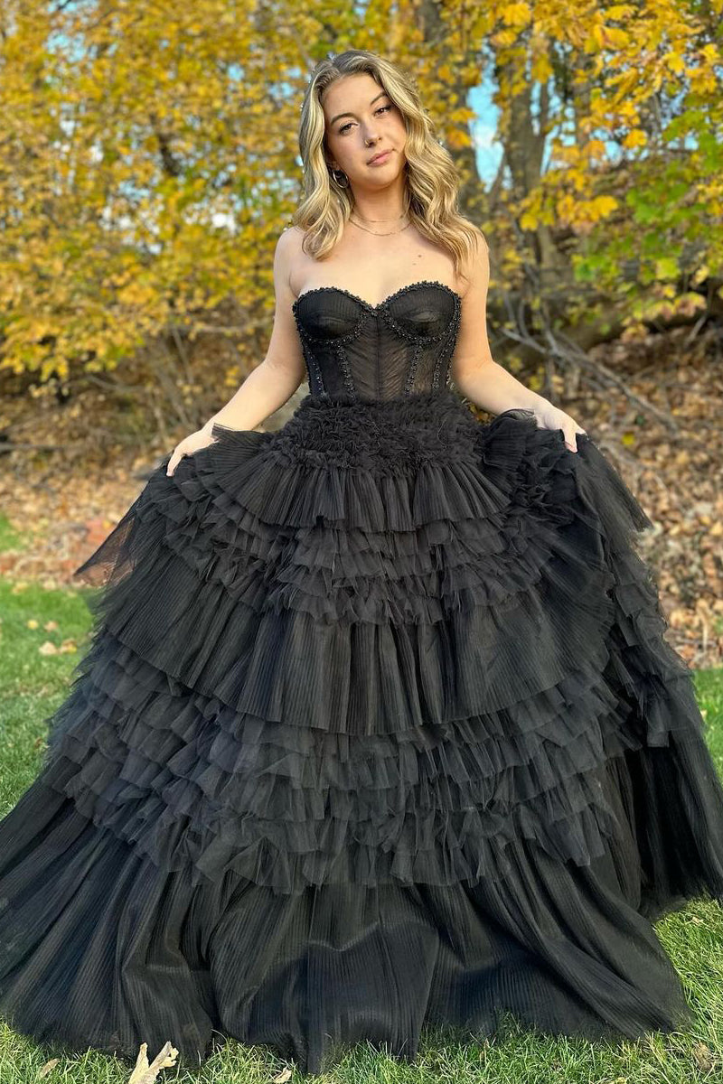 Cute Ball Gown Sweetheart Black Tulle Long Prom Dress AB120104