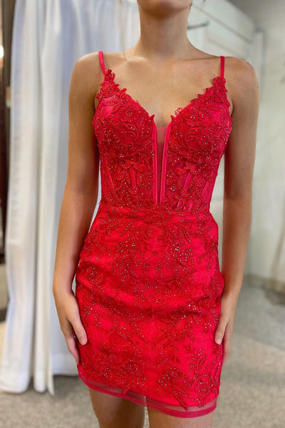 Cute Bodycon V Neck Red Satin Short Homecoming Dresses with Beaded AB062202