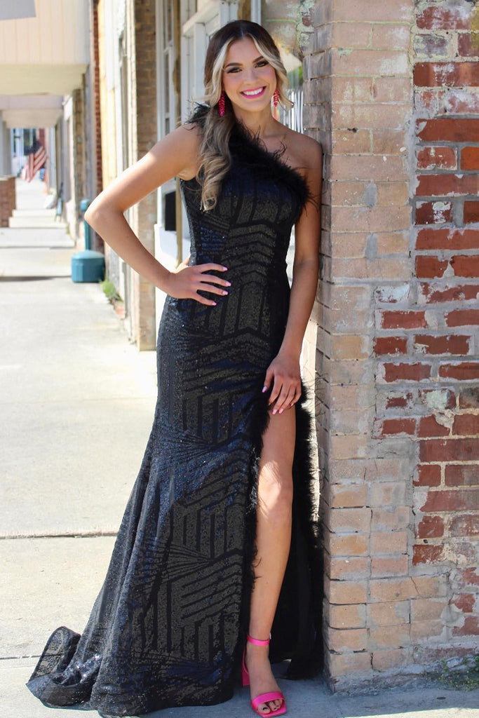 Charming Mermaid Black One Shoulder Black Sequins Prom Dress with Feat Anniebride Charming Mermaid Black One Shoulder Black Sequins Prom Dress with Feat Anniebride