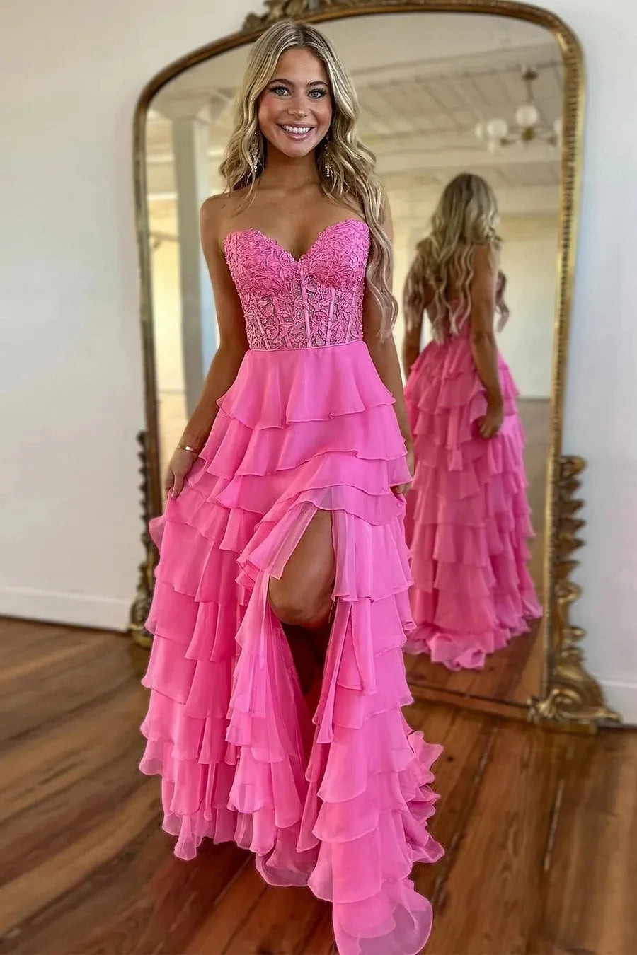 Cute A-Line Strapless Pink Ruffle Tiered Chiffon Long Prom Dress AB4033003 Anniebride Cute A-Line Strapless Pink Ruffle Tiered Chiffon Long Prom Dress AB4033003 Anniebride