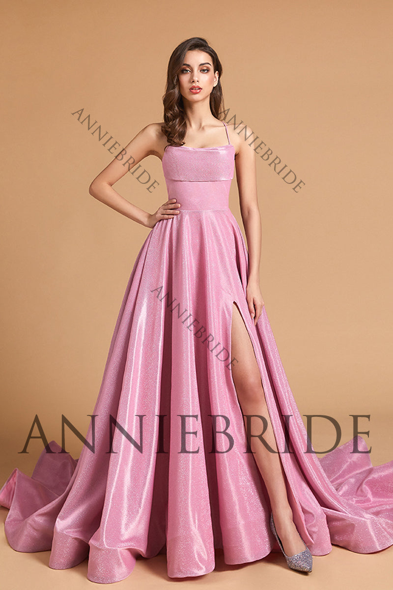 Cute A Line Scoop Neck Pink Sparkly Satin Prom Dresses with Slit AB061829