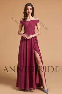 Elegant A Line Off the Shoulder Dusty Red Chiffon Long Bridesmaid Dresses with Slit ABBD061806