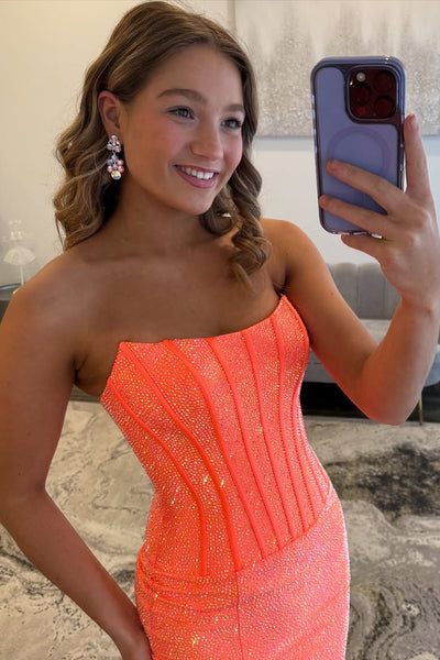 Gorgeous Mermaid Scoop Neck Orange Satin Prom Dress with Hot Stone AB25111206