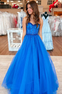 Cute A Line Sweetheart Royal Blue Tulle Prom Dress with Beading AB25020307