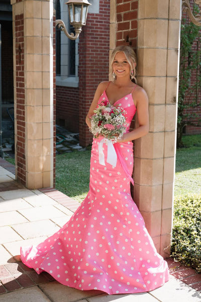Cute Mermaid V Neck Pink White Dot Satin Prom Dress with Bow AB26032607