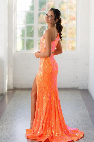 Sparkly Mermaid One Shoulder Orange Sequins Long Prom Dresses with Lace AB092406