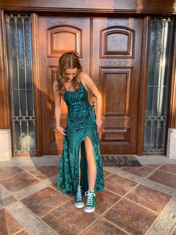 Cute Mermaid Scoop Neck Dark Green Sequins Prom Dress with Slit AB25010309