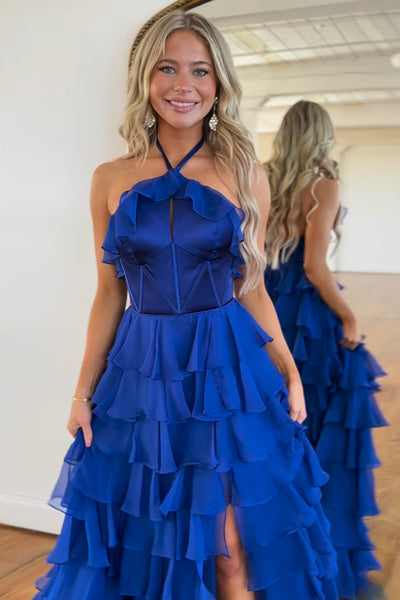 Fairy A Line Straps A Line Tiered Chiffon Long Prom Dresses with Slit AB24102107