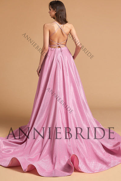 Cute A Line Scoop Neck Pink Sparkly Satin Prom Dresses with Slit AB061829