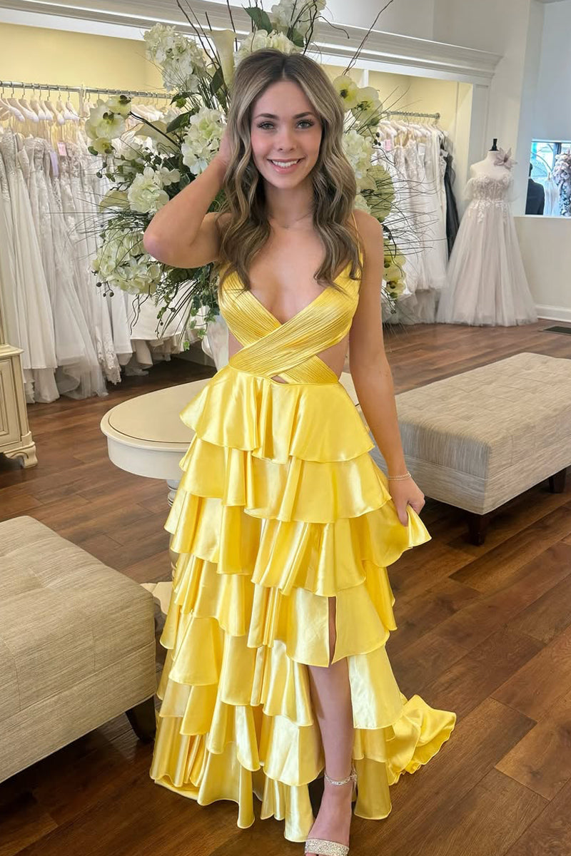 Cute A Line V Neck Daffodial Yellow Satin Tiered Prom Dress with Slit AB25010406