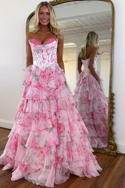 A Line Sweetheart Pink Floral Chiffon Prom Dress with Appliques AB25112406 Anniebride A Line Sweetheart Pink Floral Chiffon Prom Dress with Appliques AB25112406 Anniebride