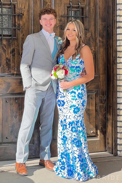 Gorgeous Mermaid V Neck Pink White Sequins Long Prom Dress AB120501