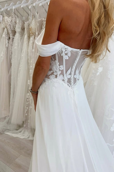 Bohemian A Line Off the Shoulder Chiffon Beach Wedding Dress with Appliques AB26011308