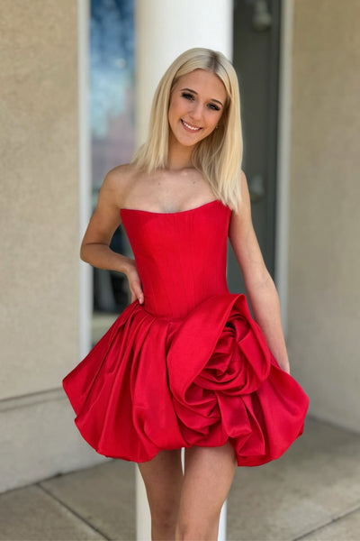 A Line Scoop Neck Red Satin Short Homecoming Dress AB26070711