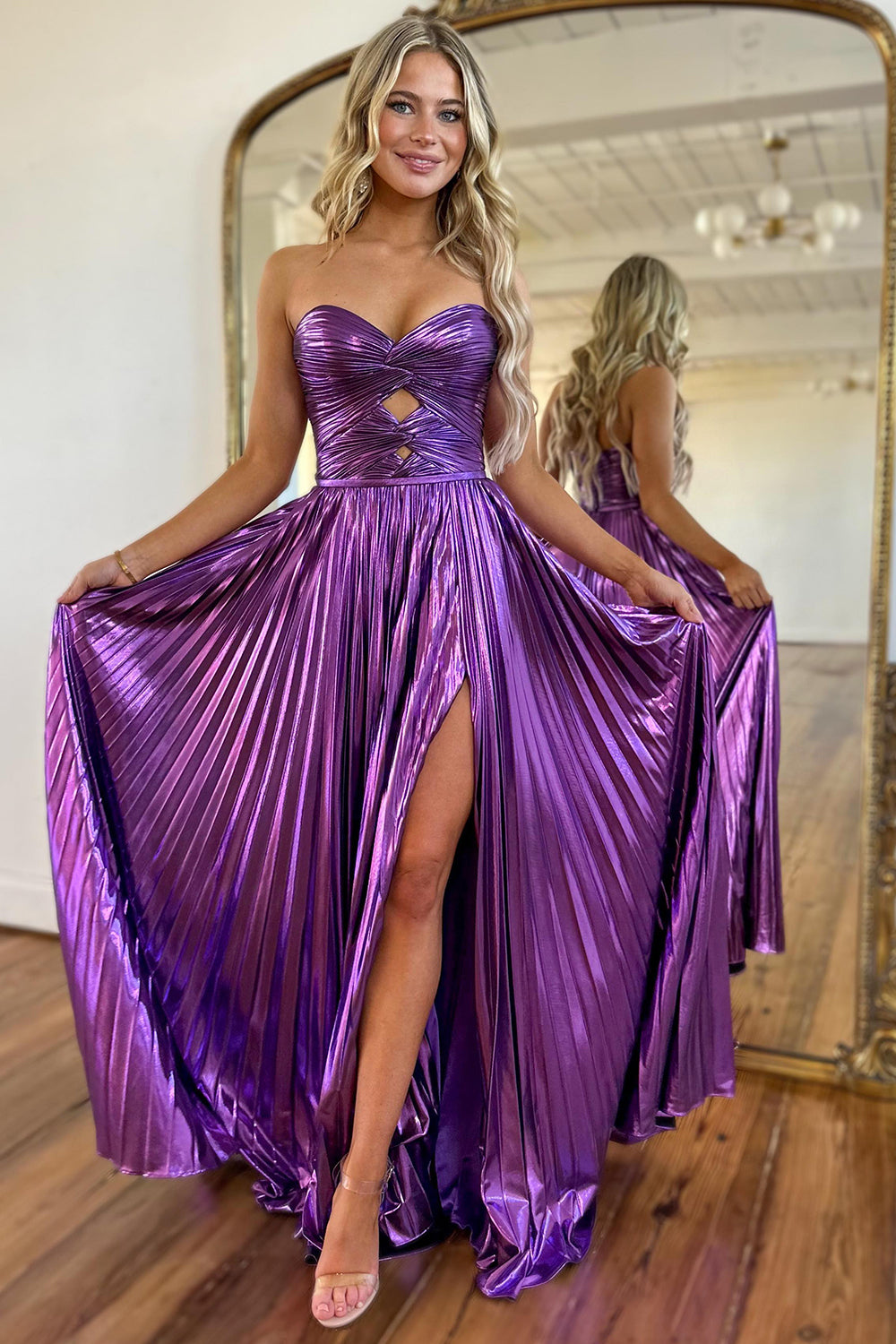 Charming A Line Sweetheart Purple Pleated Satin Prom Dresses with Slit AB24102108 Charming A Line Sweetheart Purple Pleated Satin Prom Dresses with Slit AB24102108