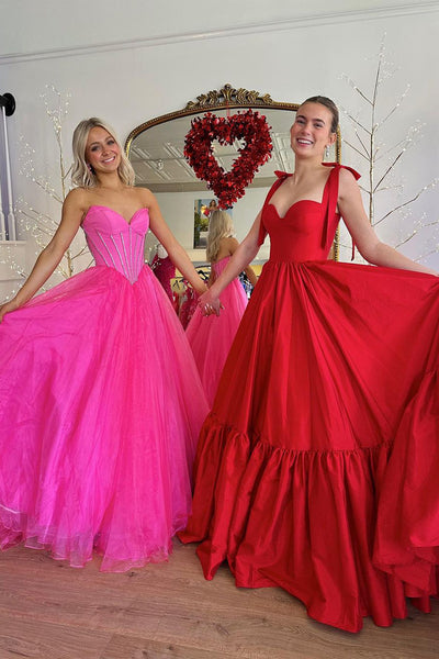 Red Sweetheart Satin A-Line Long Prom Dresses AB4022605