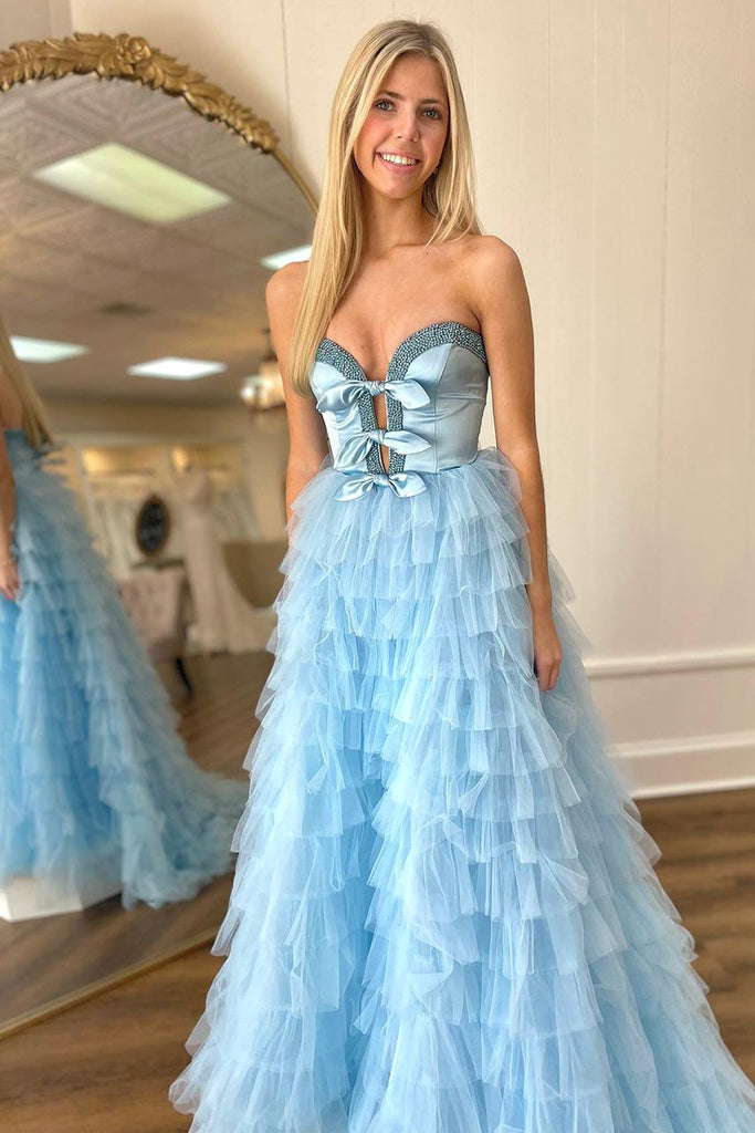 Cute A Line Sweetheart Light Blue Tiered Tulle Prom Dress with Beading AB122701 Anniebride Cute A Line Sweetheart Light Blue Tiered Tulle Prom Dress with Beading AB122701 Anniebride