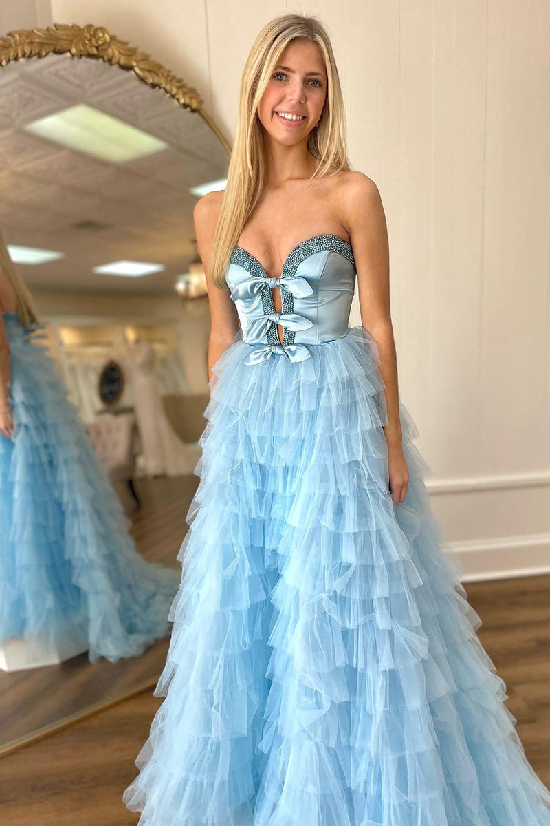 Cute A Line Sweetheart Light Blue Tiered Tulle Prom Dress with Beading AB122701