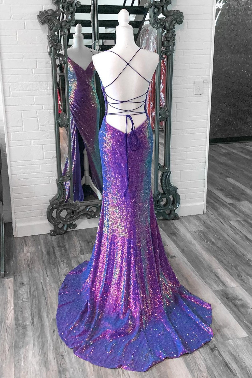 fitted lace wedding dress Purple Iridescent Sequins Spaghetti Straps Lace-Up Mermaid Long Prom D
