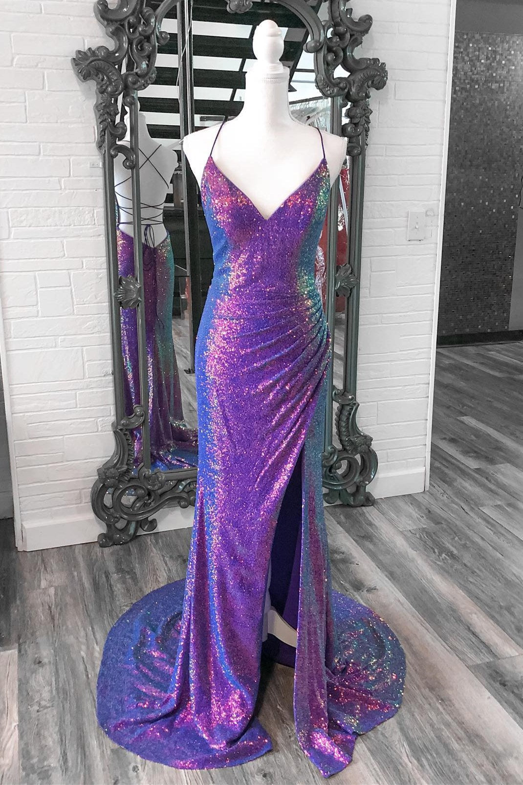 Purple Color Changing Sequin Dress Charming Mermaid Purple Sequins V Neck Long Prom Dress With Slit Purple Color Changing Sequin Dress Charming Mermaid Purple Sequins V Neck Long Prom Dress With Slit
