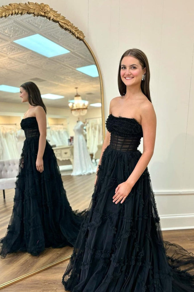 Cute Black Strapless Tiered Tulle Lone Prom Dresses Cute Black Strapless Tiered Tulle Lone Prom Dresses
