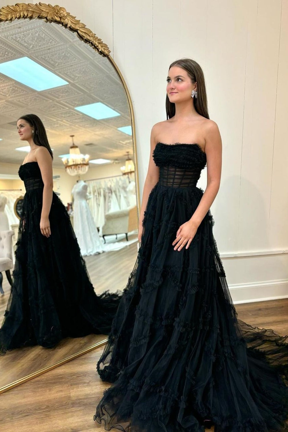 Cute Black Strapless Tiered Tulle Lone Prom Dresses Anniebride Cute Black Strapless Tiered Tulle Lone Prom Dresses Anniebride